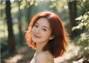 绿色树林红棕色中长发美女摄影图片